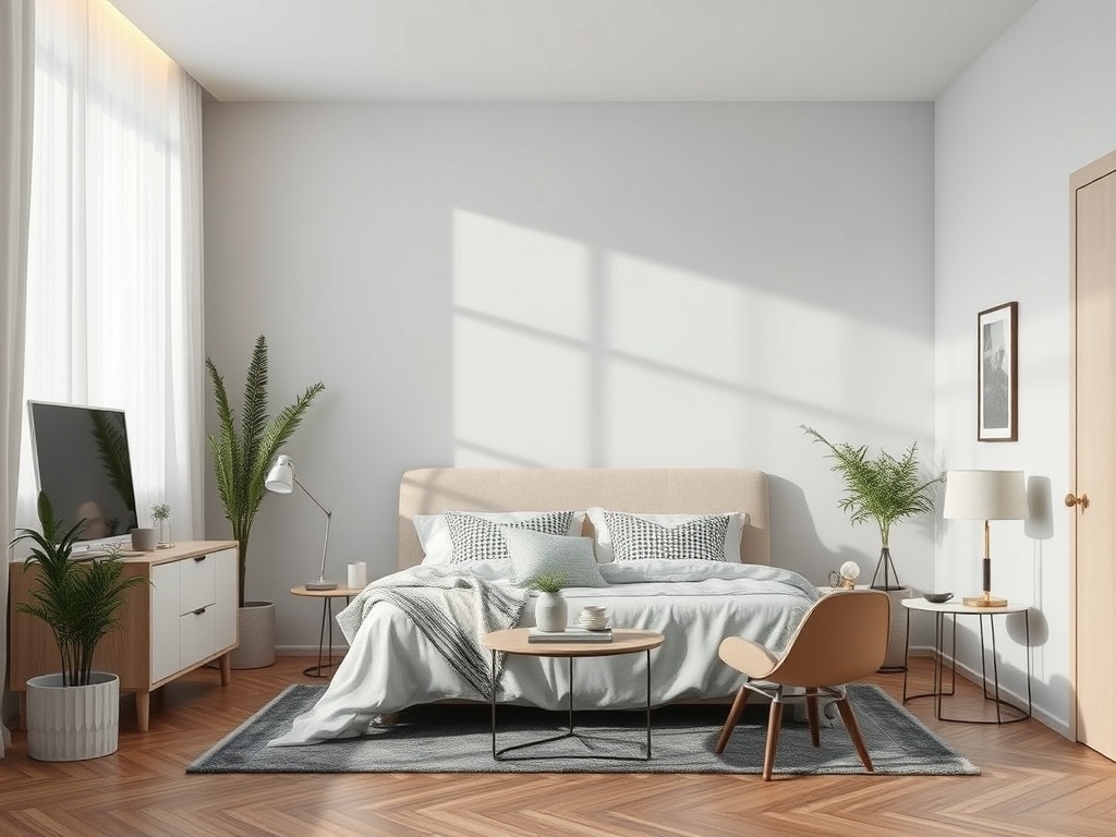 Современная спальня с комфортной кроватью, растениями и уютной мебелью, залитая светом.