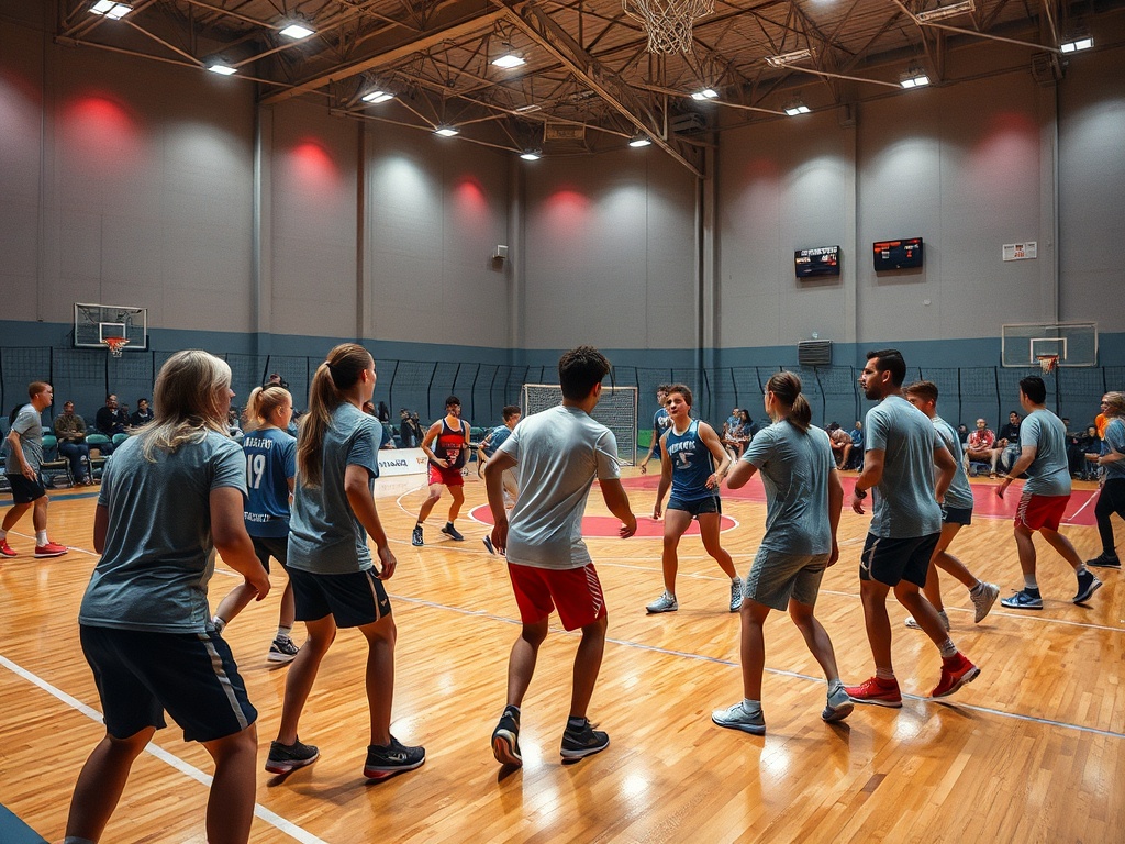 На баскетбольной площадке играют молодые спортсмены, зрители наблюдают за игрой.