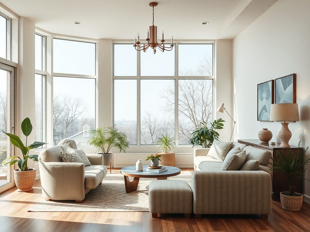 Светлая гостиная с большими окнами, зелеными растениями и уютной мебелью в современном стиле.