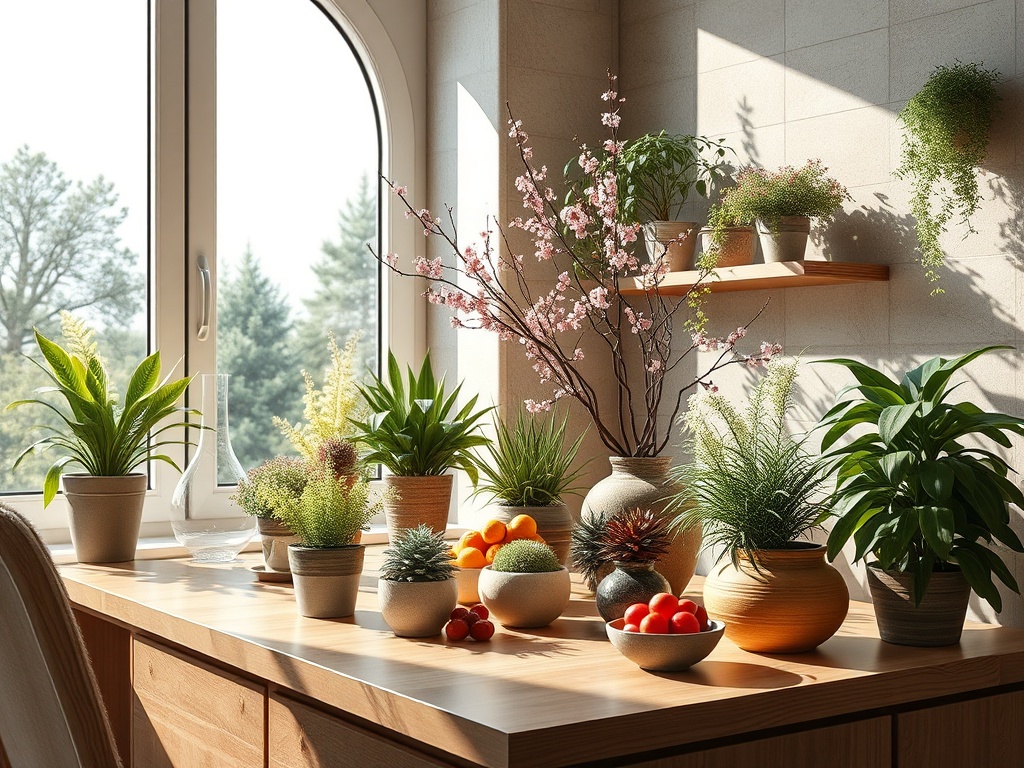На столе у окна расположены различные растения и цветы в горшках, а также несколько корзин с фруктами.