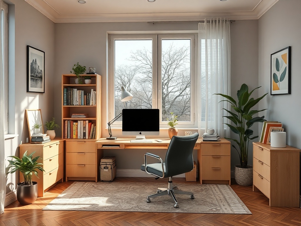 Современный офис с деревянной мебелью, компьютером, растениями и большим окном с видом на улицу.