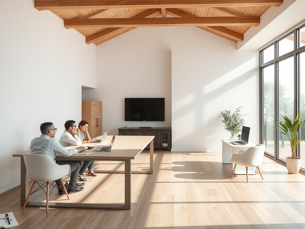 Современный офис с большими окнами, столом и тремя людьми, работающими за ноутбуками. Светлое и открытое пространство.