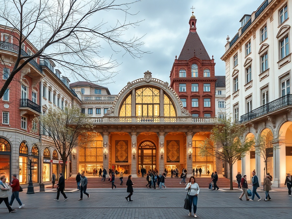 Вечерний городской пейзаж с людьми, зданиями и освещённым входом в магазин.