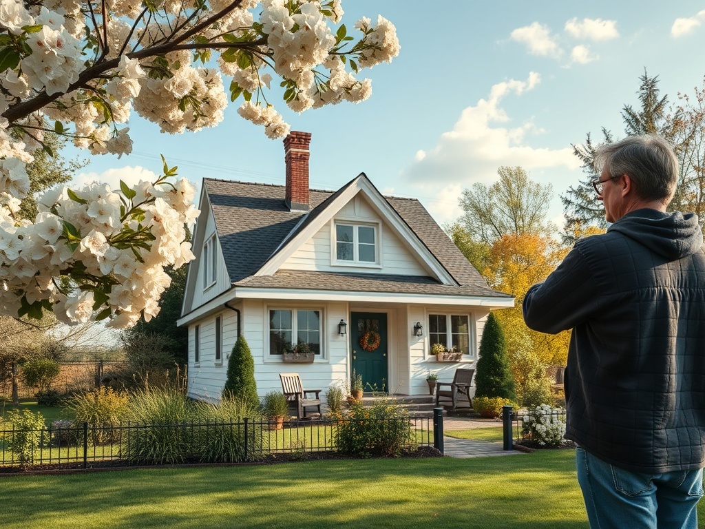 Мужчина стоит перед уютным домом, окружённым цветами и зеленью в солнечный день.