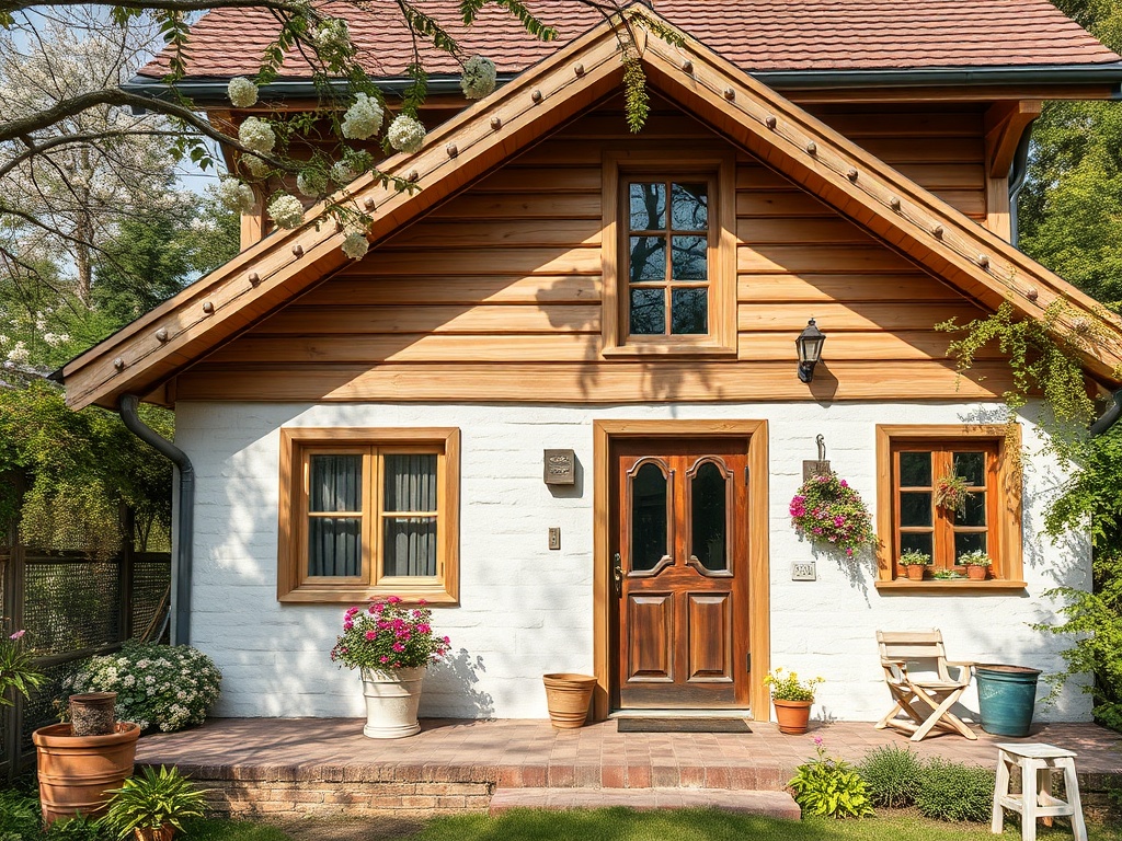 Красивая деревянная дача с цветами у двери и уютным крыльцом в солнечный день.