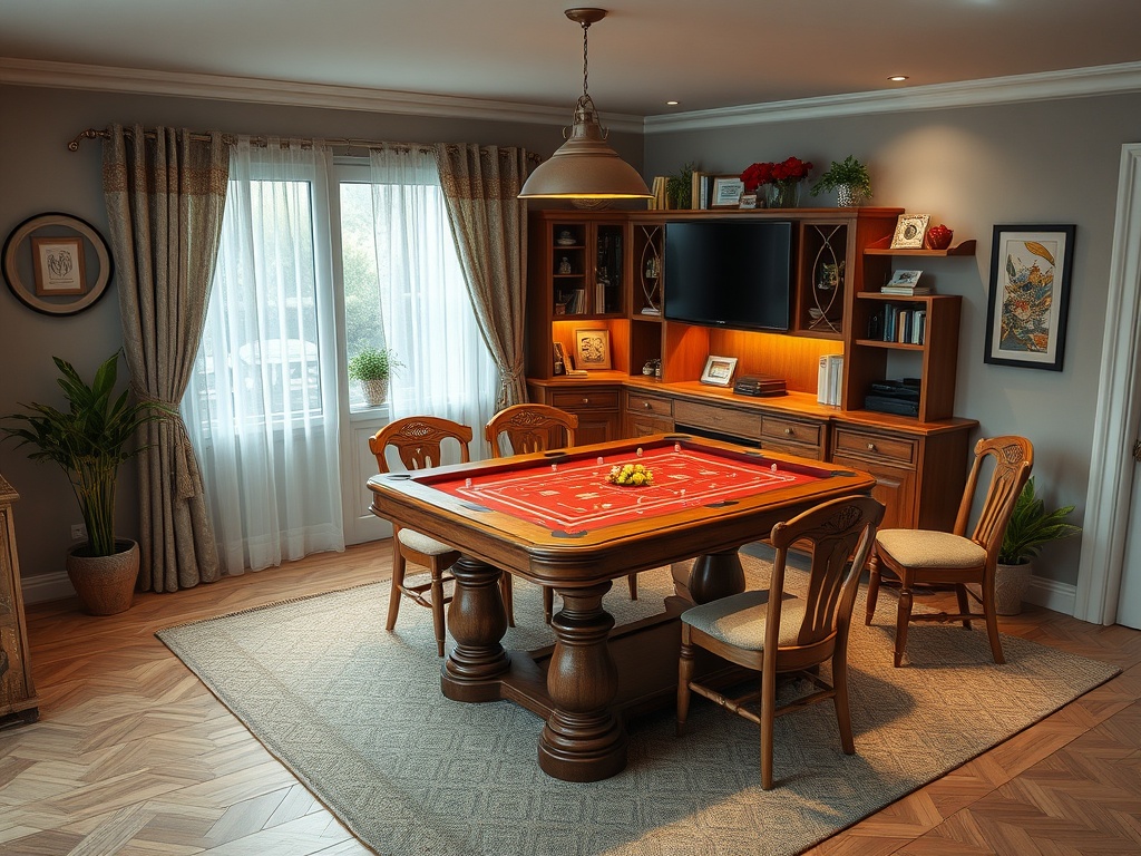 Уютная комната с игровым столом, стульями и книжным шкафом, обрамленная шторами и растениями.