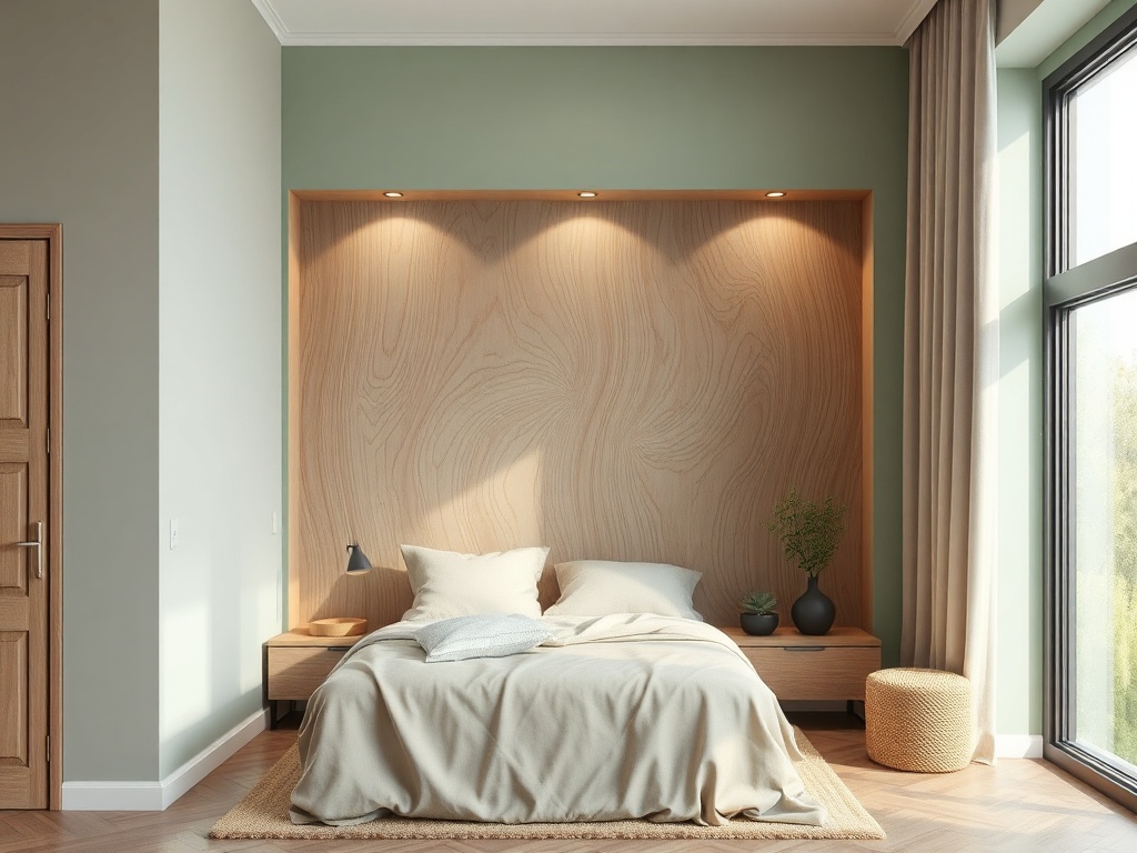 Современная спальня с деревянной стеной, двуспальной кроватью и уютными декорациями у окна.