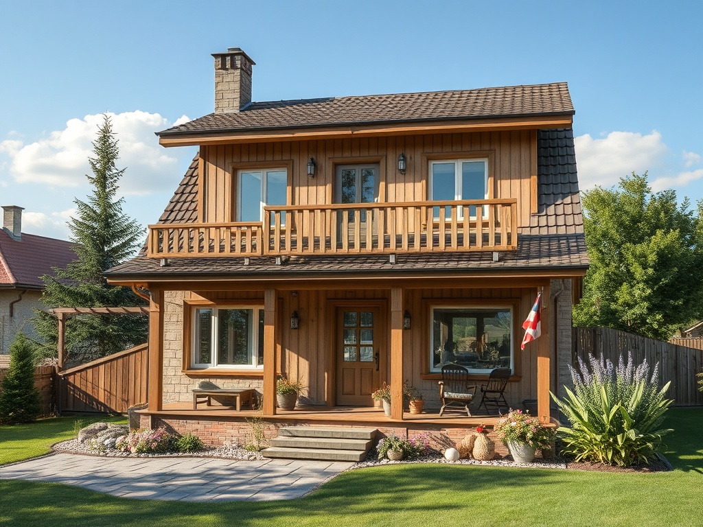 Деревянный дом с балконом, окруженный зеленью и цветами, на фоне голубого неба.