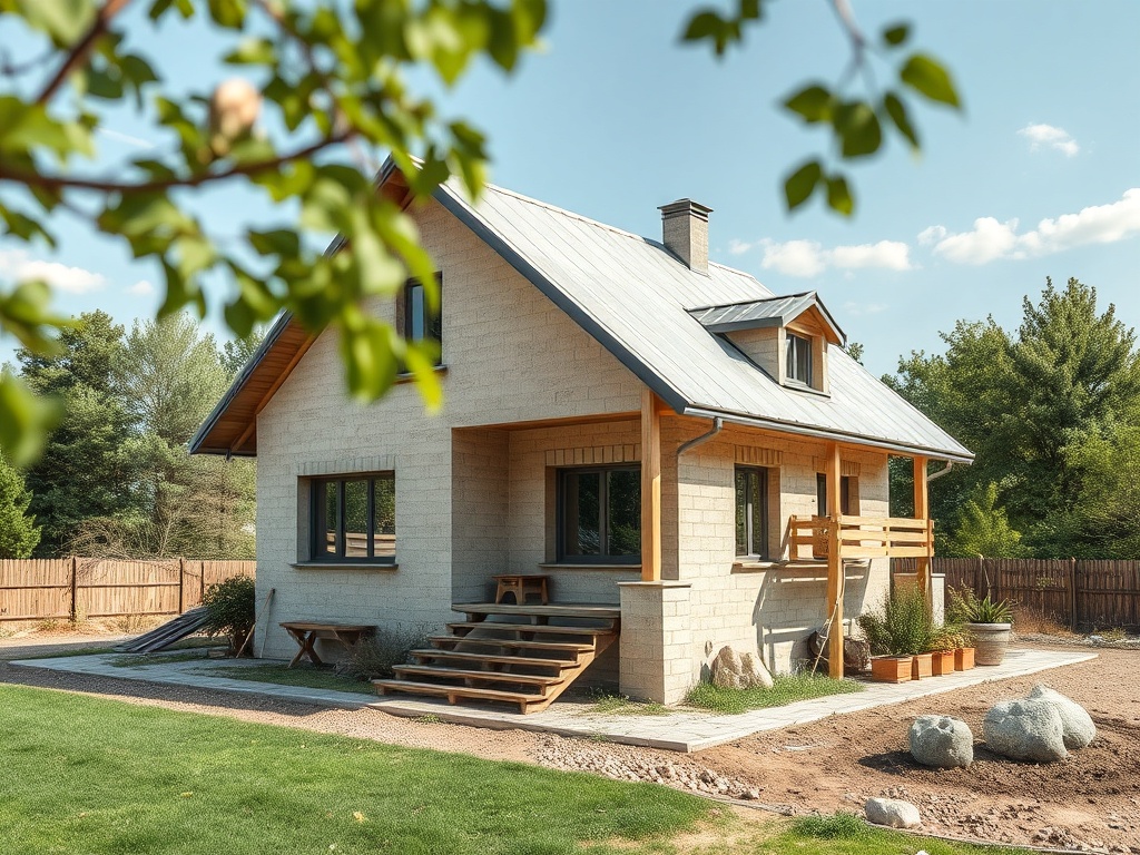 На изображении находится современный дом с деревянной отделкой и садом на фоне деревьев.