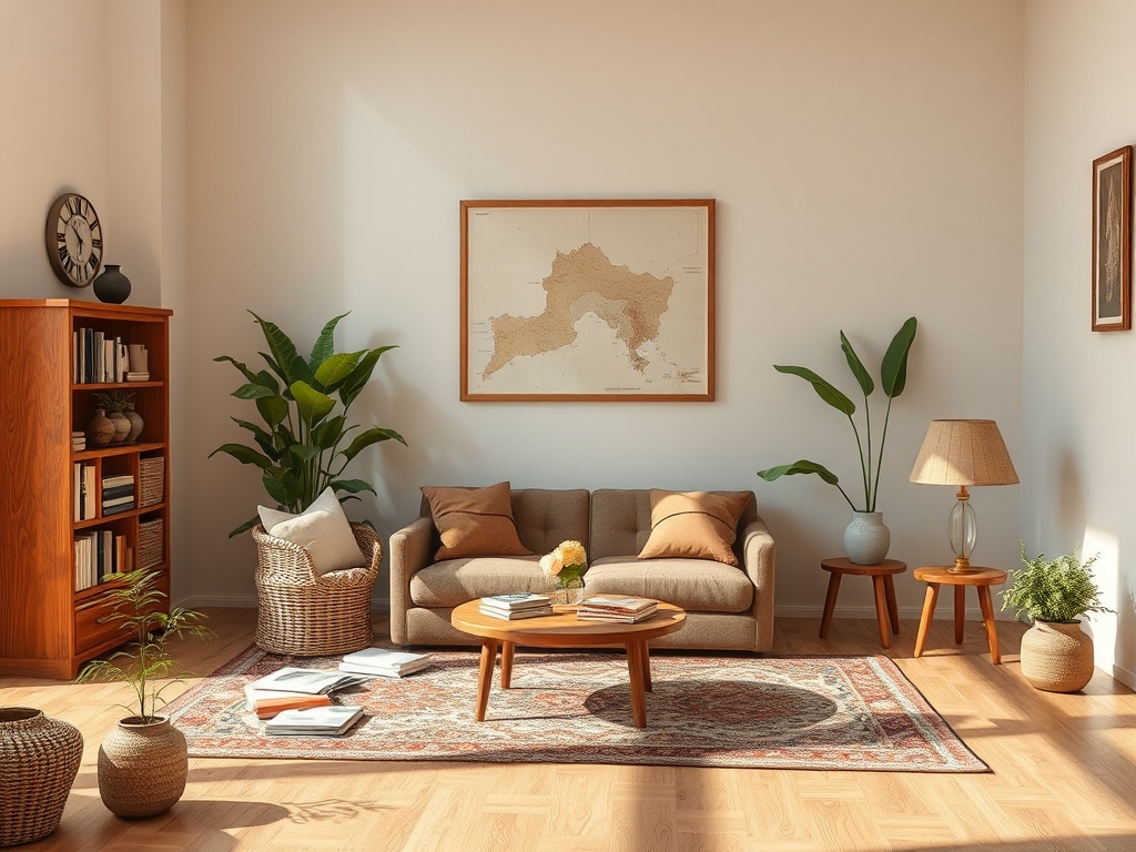 Светлая гостиная с диваном, столиком, растениями и библиотекой, украшенная картой на стене.