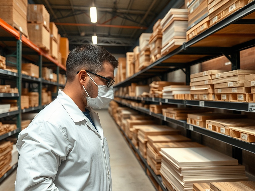 Мужчина в маске изучает древесные материалы в большом складе, окружённом полками с пиломатериалами.