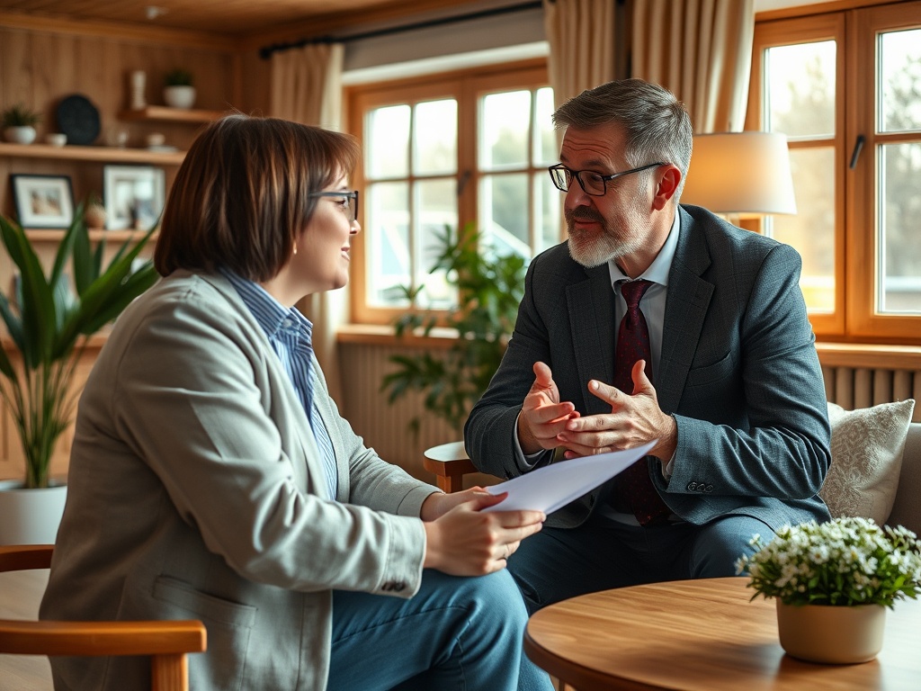 Мужчина и женщина ведут беседу в уютном офисе, сидя рядом, перед ними лист бумаги. Вокруг растения и окно.