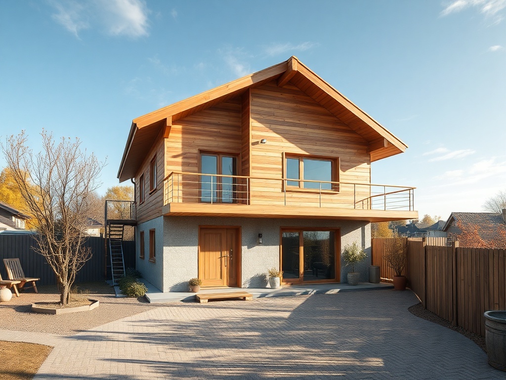Современный двухэтажный дом с деревянной отделкой и уютным двором на фоне голубого неба.