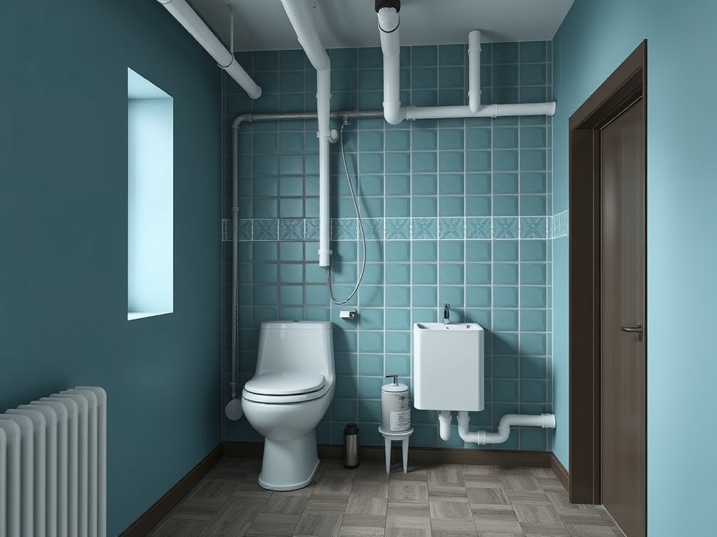 Современный туалет с голубыми стенами, окном и белой сантехникой в уютной ванной комнате.