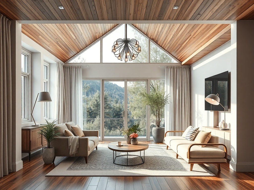 Современная гостиная с деревянным потолком, большими окнами и уютной мебелью, светлые тона и растения.