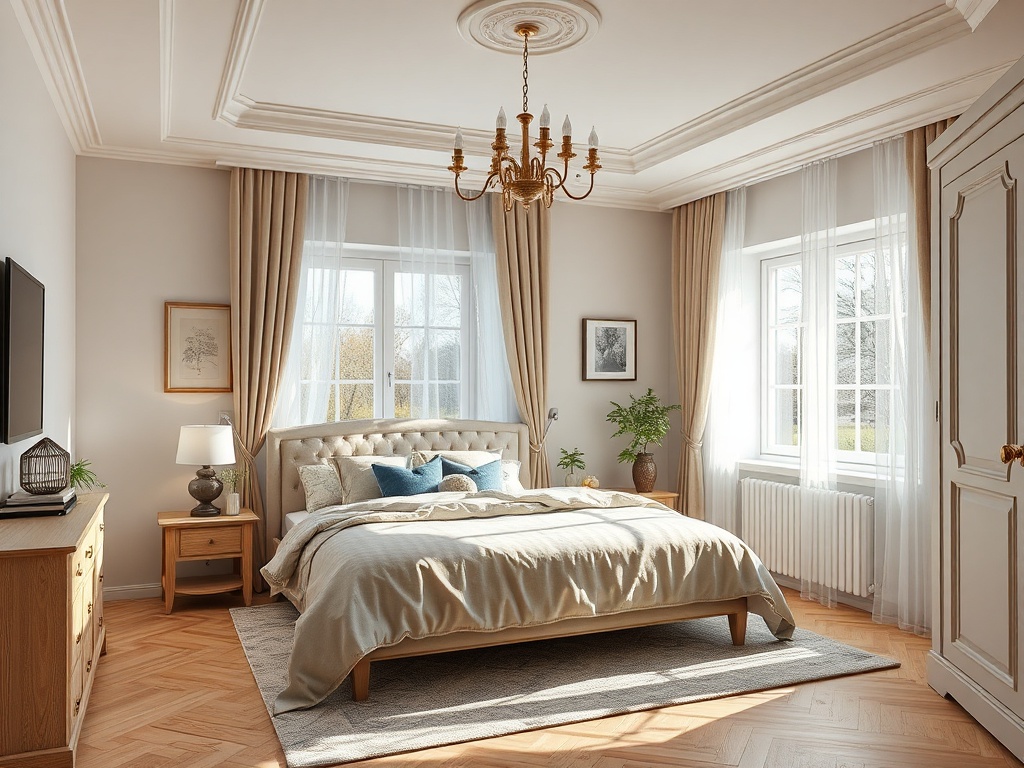 Светлая спальня с большой кроватью, шкафом и окном, украшена растениями и элегантными занавесками.