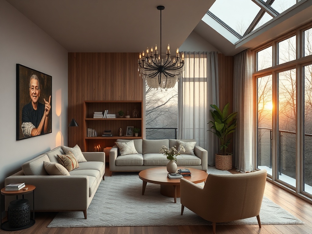 Современная гостиная с большими окнами, удобной мебелью и кристальным светильником. Солнечный закат на улице.