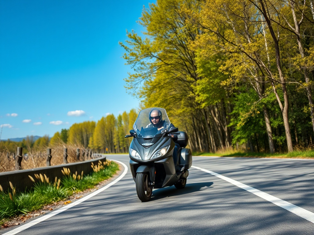 На мотоцикле едет человек по живописной дороге среди зелёных деревьев под ясным небом.