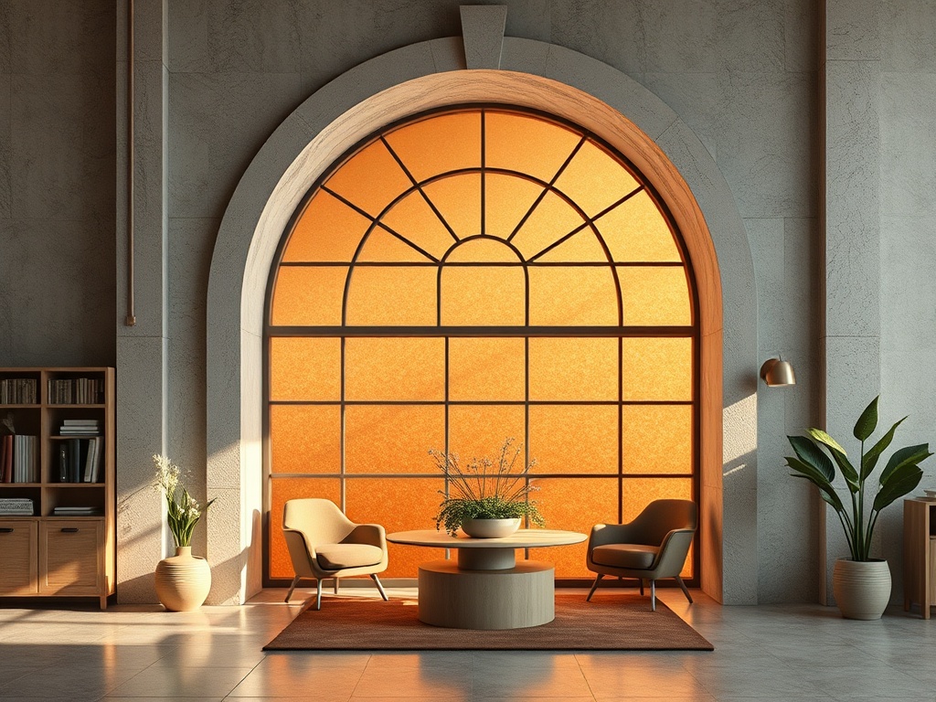 Современный интерьер с большим арочным окном, уютной мебелью и зелеными растениями. Теплый оранжевый свет.