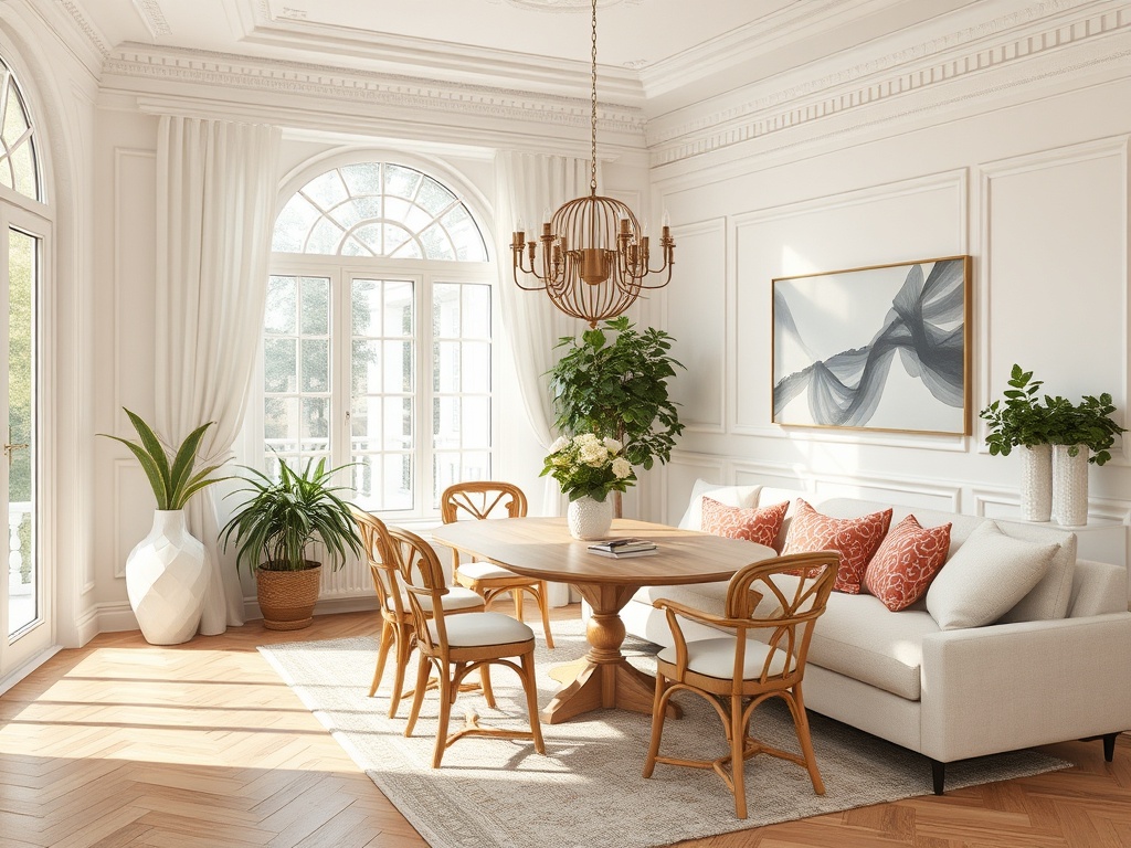 Светлая гостиная с уютным диваном, круглым столом и растениями у окон. Современный интерьер с элементами уюта.