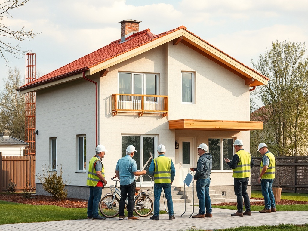 Группа строителей обсуждает детали проекта у нового дома в солнечный день.