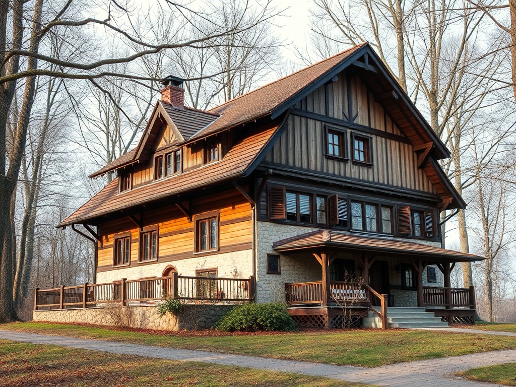 Деревянный дом в классическом стиле с мансardой и каменной основой, окружённый деревьями.