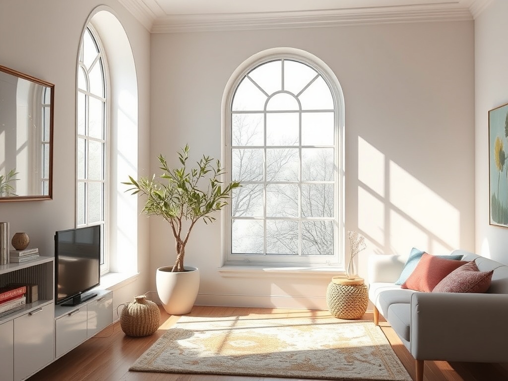 Светлая комната с большими окнами, растениями, диваном и телевизором. Тёплая атмосфера и уютный интерьер.