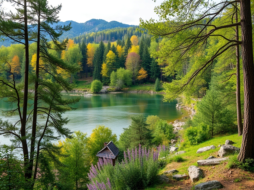 Живописный пейзаж с озером, окруженным зелеными деревьями и горами. Осень добавляет яркие оттенки.