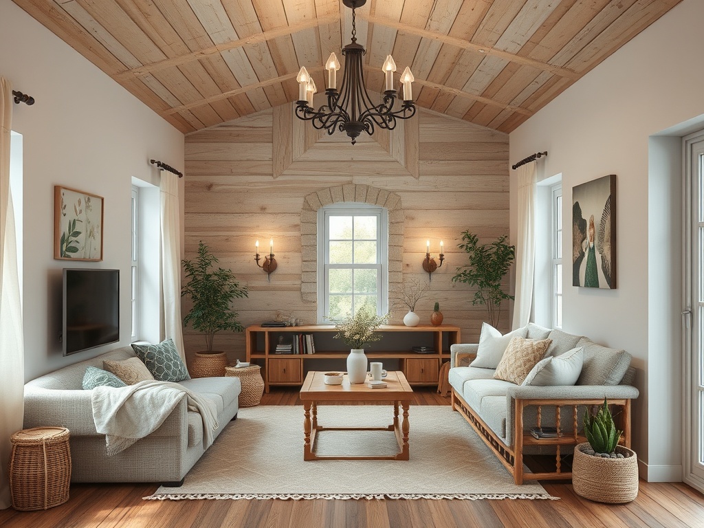 Современная гостиная с деревянным потолком, уютной мебелью и живыми растениями в светлом интерьере.