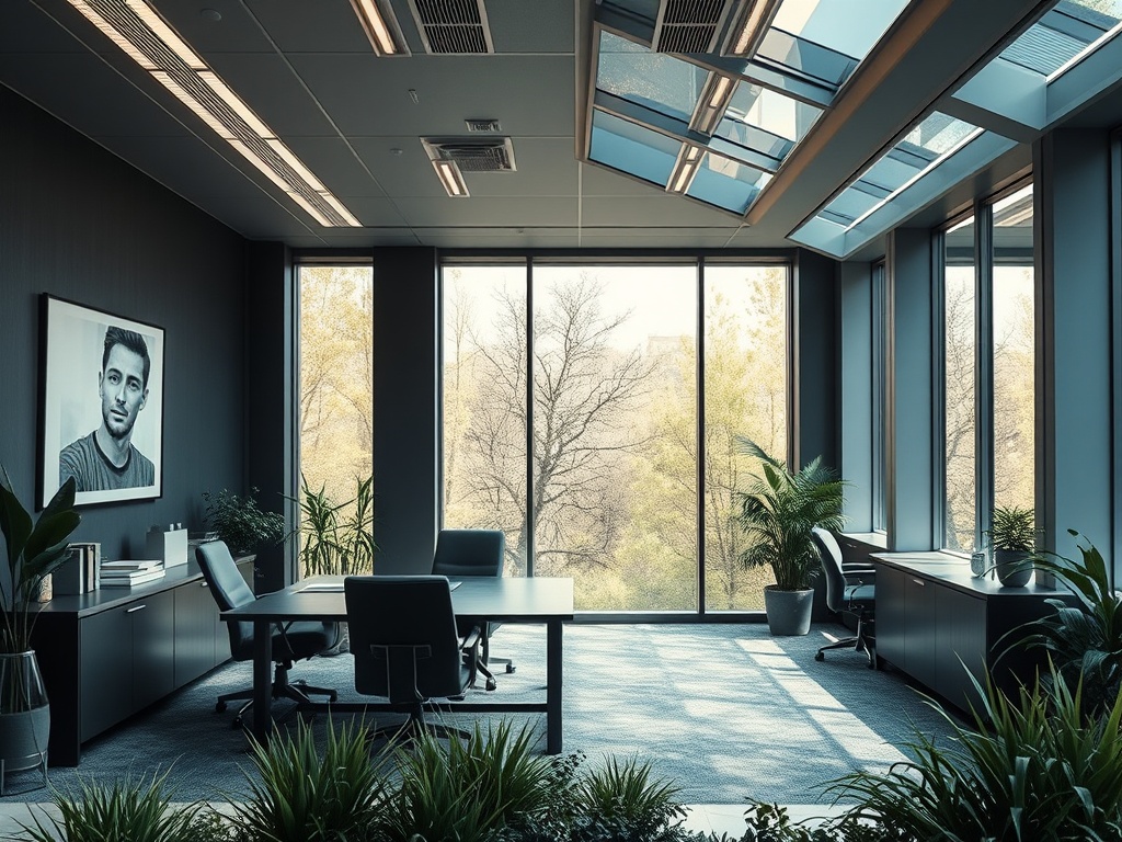 Современный офис с большими окнами, зелеными растениями и стильной мебелью. Яркий и уютный интерьер.