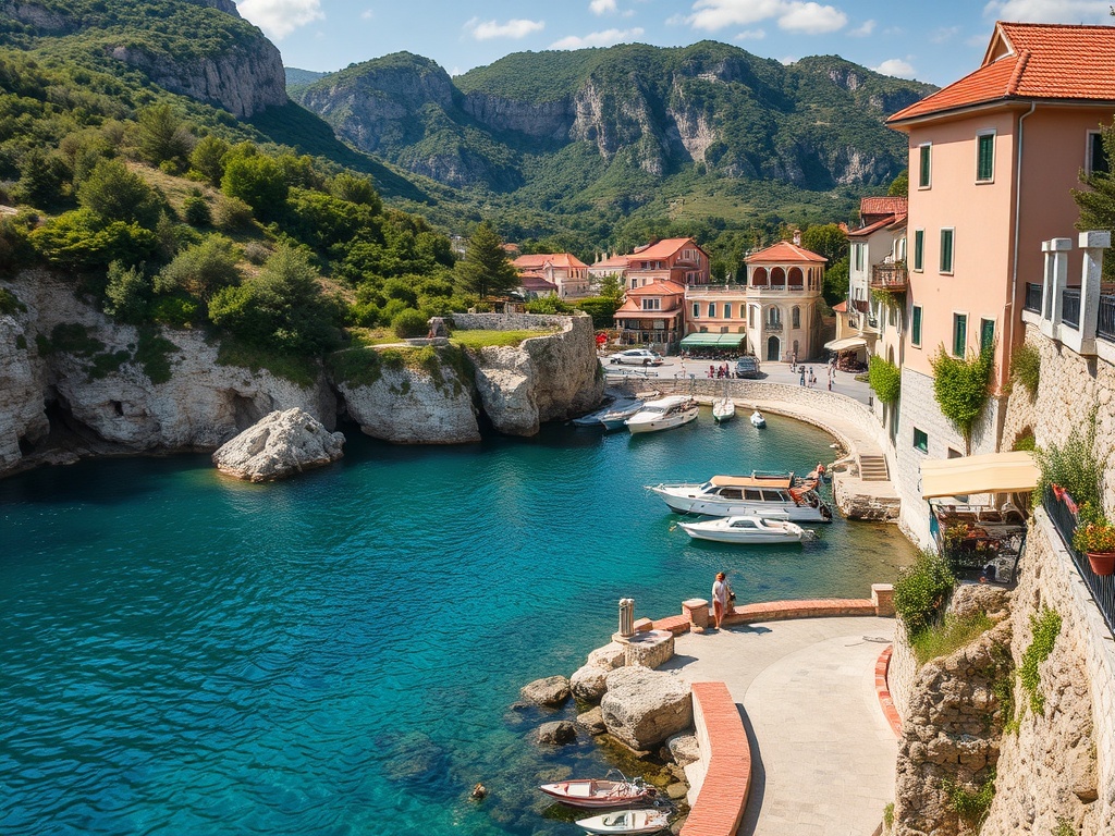 На изображении вид на красивую бухту с лодками, окруженную зелеными холмами и уютной архитектурой.