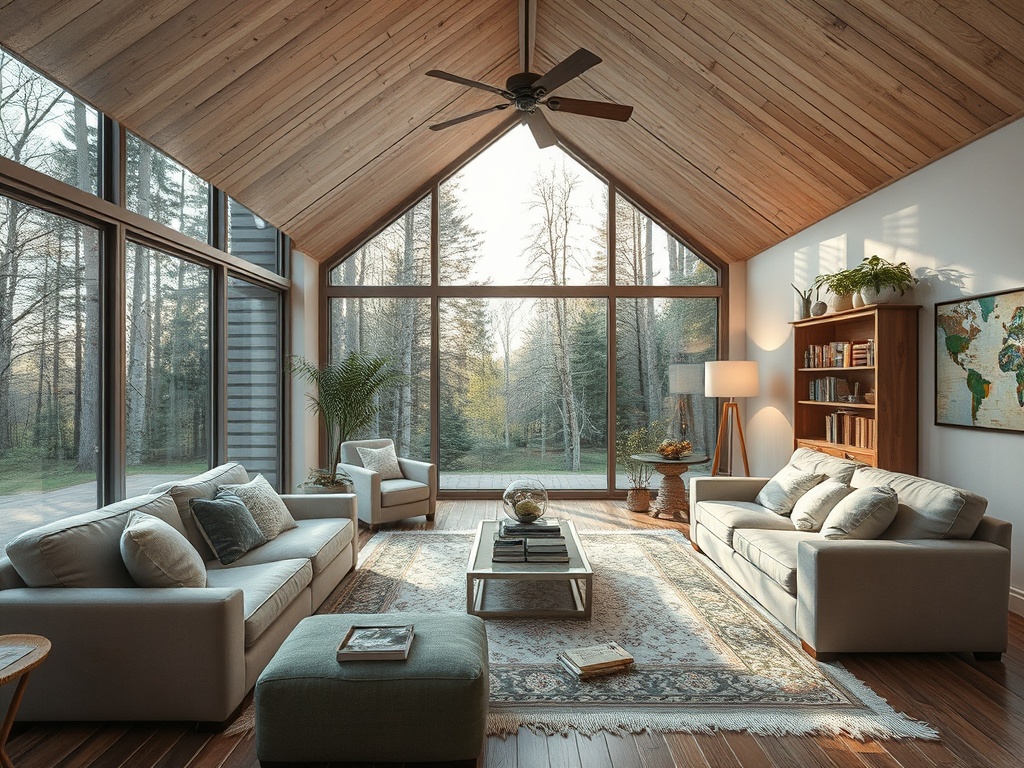 Современный уютный интерьер гостиной с большим окном и видом на природу, деревянными потолками и мягкой мебелью.