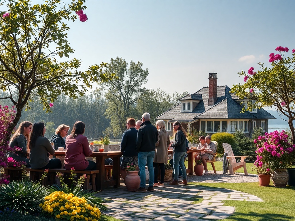 Группа людей общается и отдыхает на террасе у красивого дома, окружённого зеленью и цветами.