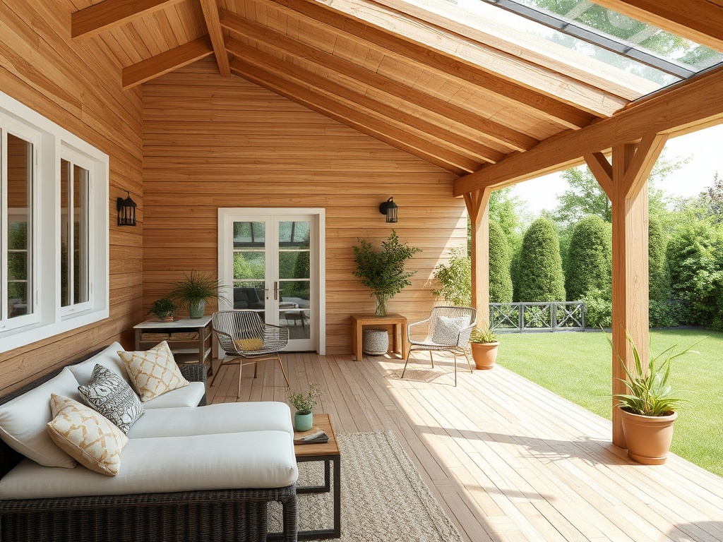 Уютная веранда с деревянными стенами, мягкой мебелью и зеленью вокруг. Светлый и просторный интерьер.