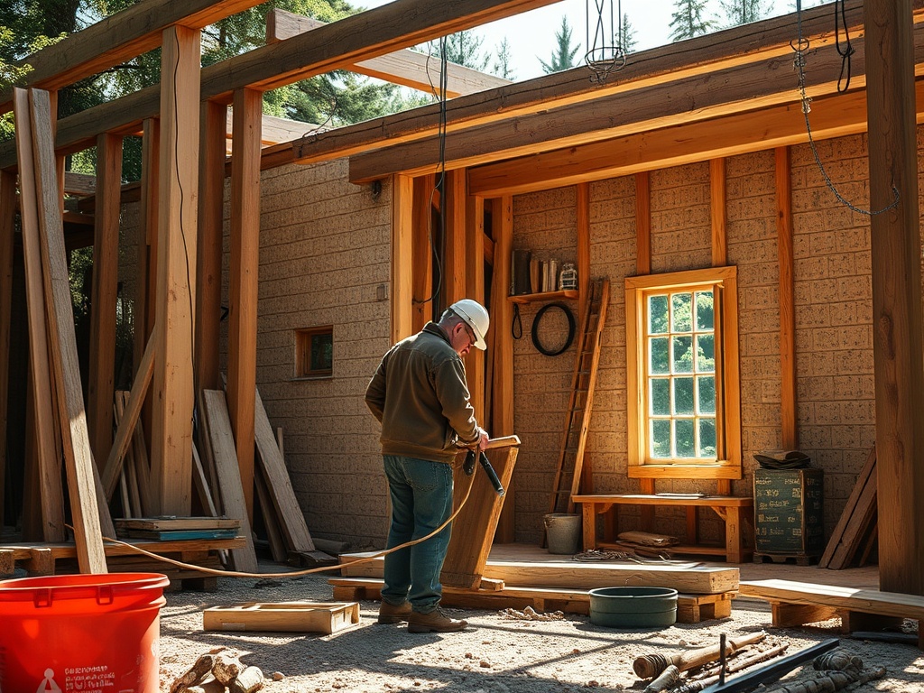 Рабочий в каске строит дом, окружённый деревянными конструкциями и инструментами на строительной площадке.