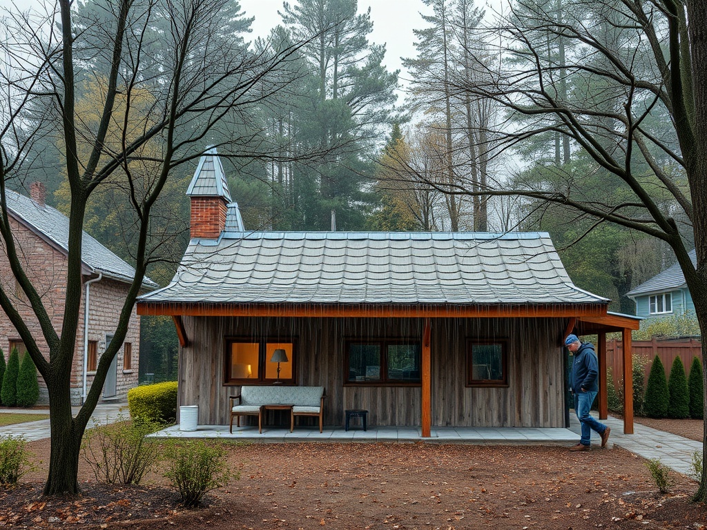 Скромный домик с крышей из черепицы, человек идет к нему по дорожке в окружении деревьев и кустарников.