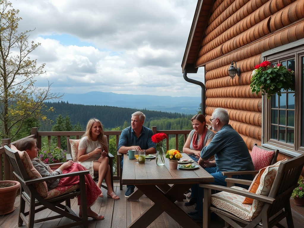 Группа людей отдыхает на веранде дома в горах, наслаждаясь едой и общением на свежем воздухе.
