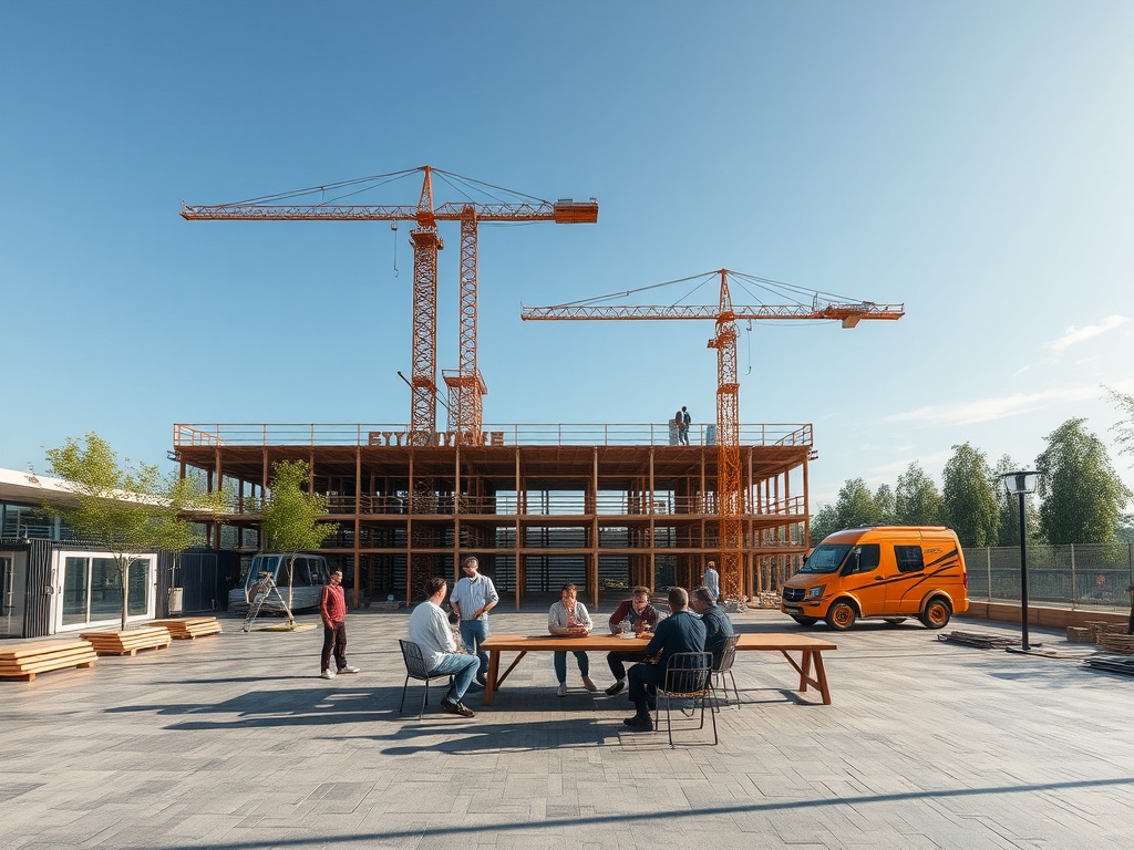 Группа людей обсуждает планы на фоне строительного объекта с кранами и доставочным автомобилем на площади.