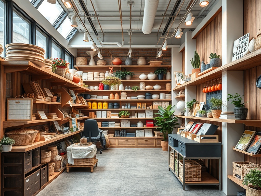 Просторная полка с аксессуарами и растениями в уютном магазине, украшенном деревянными элементами и мягким светом.
