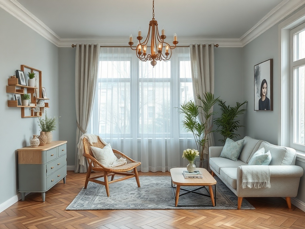 Современный светлый интерьер гостиной с креслом, диваном и растениями у окон. Смотрится уютно и стильно.