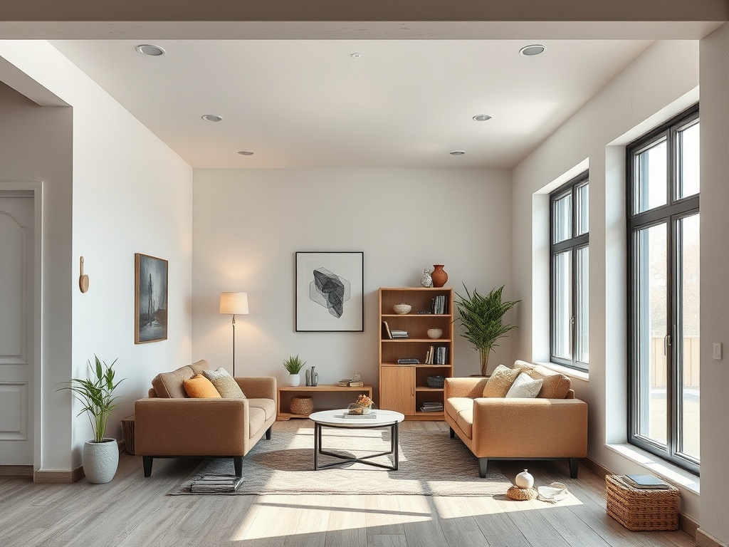 Современная гостиная с двух диванов, столиком и книжным шкафом, много света и уютных деталей.