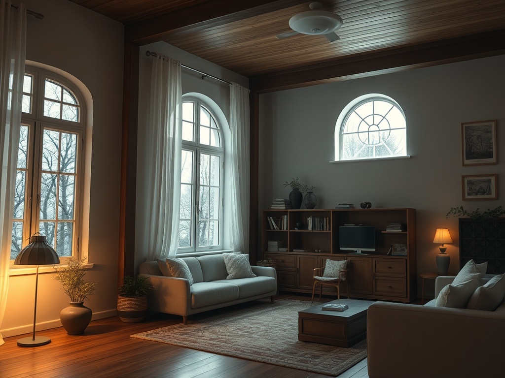 Современная гостиная с большими окнами, светлыми шторами и уютной мебелью. Тёплый свет лампы создаёт атмосферу уюта.