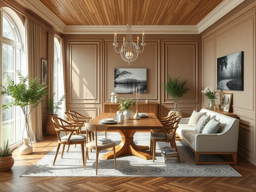 Светлая столовая с деревянным столом, стульями и уютным диваном, окруженная зелеными растениями.